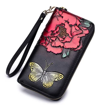 8PCS / VELIKO Žensk Dolge Usnje Zadrgo Denarnice RFID Moda Lady denarnice Cvet Letnik Cvetlični Denarnice