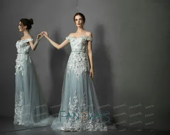 Off Ramenski Modra Večerne Obleke 3D Cvetje Večerne S Snemljivo Vlak Prom Oblačenja 2019 Vestido de Fiesta de Noche