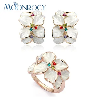 MOONROCY Brezplačna Dostava modni Uhani in Prstan kristal rose Gold Barvi beli cvet, Nakit Set za ženske