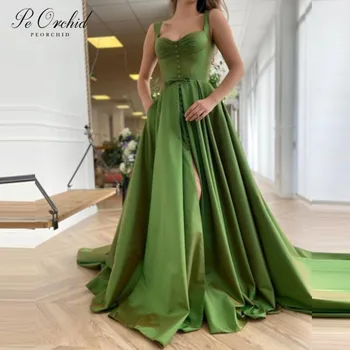 PEORCHID Saten Dolgo Zeleno Maturantski dDresses Za Ženske 2021 Preproste Linije Visoko Režejo Elegantno Haljo Soiree Dubaju, Formalno Stranko Oblek