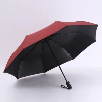 Povsem samodejno ženske sončno in deževno dežnik tri-zložljiv črna prevleka za zaščito pred soncem in UV suncobran veter močan dež dežnik