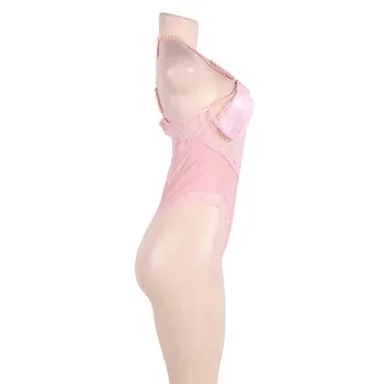 OY87 2017 Nove Seksi Perilo Hot Pink Ženske Vidijo Skozi Bodysuit Povodcem Slog Čipke Lady Teddies Plus Velikost Šifon Sleepwear