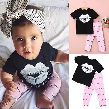 Baby Dekle Ustnice, T-shirt +Roza Hlače za Malčke Novorojenčka Otroci Lepe Risanke, Obleke, Oblačila, ki Toddler