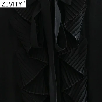 Zevity 2021 Ženske Modni Naguban Rokav Mozaik Črno Delavska Bluzo Urad Dama Ruffles Šifon Srajce Elegantna Blusas Vrhovi LS7687