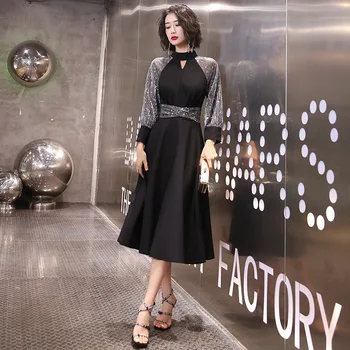 Črno Elegantno Večerno Obleko 2020 Nov Modni Iluzijo Dolgo sleeved Banket Stranka Obleko z Sashes Lok Prom Obleke Čaj Dolžina