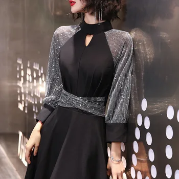 Črno Elegantno Večerno Obleko 2020 Nov Modni Iluzijo Dolgo sleeved Banket Stranka Obleko z Sashes Lok Prom Obleke Čaj Dolžina