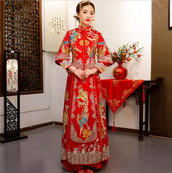 Kitajski Poroko Neveste Cheongsam Tradicionalnih Poročiti Večerno Obleko Zmaj Phoenix Vezenje Obleke Qipao Kitajski Poročno Obleko