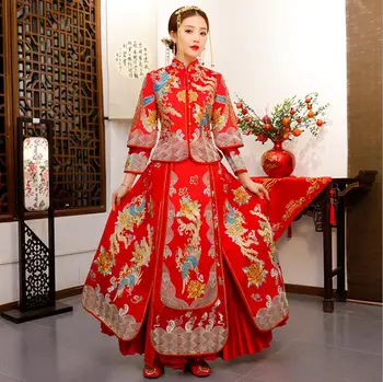 Kitajski Poroko Neveste Cheongsam Tradicionalnih Poročiti Večerno Obleko Zmaj Phoenix Vezenje Obleke Qipao Kitajski Poročno Obleko