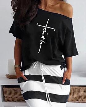 Black White Stripes T-Shirt & Črtasto Krilo Nastavite 2020 Nove Ženske 2 Delni Set Loungewear Priložnostne Ženske Obleka Homewear