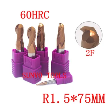 5pcs/set R1.5x75MM 2 predvsem piščali Žogo Nos Trdna Karbida Koncu mlinov, CNC Rezkanje Rezalnik HRC45 R1.5 3 mm cnc orodja za rezkanje