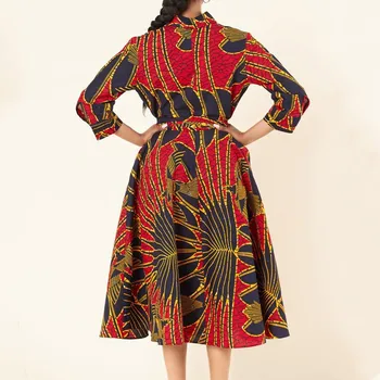 Afriške Moda Letnik Pero Tiskanje-line Shap shirt obleko znižuj ovratnik beloprsi Singl Naguban Midi Obleko