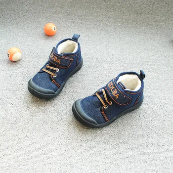 Otroci Pozimi Toplo Bombaž Čevlji Baby Soft Podplati Anti-Slip Superge Priložnostne Denim Gleženj Škornji Otrok Fantje Samta Notranji Dom Čevlji