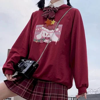 Hoodies ženske Jeseni, pozimi Japonski mehko dekle svoboden risanka srčkan bombaž zajec tiskanja Božič tanke kapičastih pulover ženski top