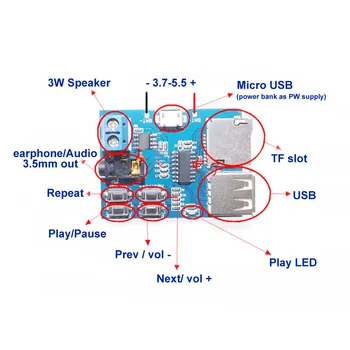 5V Micro USB 3W 8002 Ojačevalnik MP3 Modul TF Kartice U Disk, MP3 Odbor AMP Dekodiranje Audio Komplet 3,5 MM Slušalke DIY