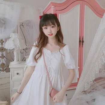 Japonski Vratu Gube Kratka Sleeved Visoko Pasu Tanke Dolge pravljice obleko tea party lolita obleko sweet lolita lutka loli viktorijanski