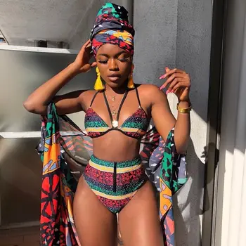 Seksi Afriški Stil Visoko Pasu Tiskanje Cvet Bikini Komplet Ženske Povoj Push Up Podložen Modrček, Kopalke Biquini Kopalke, Kopalke