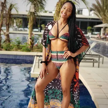 Seksi Afriški Stil Visoko Pasu Tiskanje Cvet Bikini Komplet Ženske Povoj Push Up Podložen Modrček, Kopalke Biquini Kopalke, Kopalke