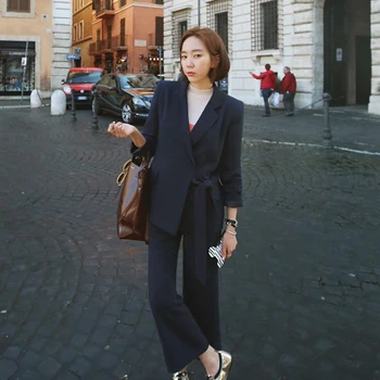 Korejska različica gospe obleko obleko jeseni nova barva temperament suknjič ženski priložnostne svoboden bell hlače, dvodelne
