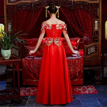 Rdeči Kitajski Poroko Neveste Cheongsam Tradicionalni Slog poročiti Večerno Obleko Vezenje Dolgo Qipao Ženska Oblačila Velikosti S - 3XL