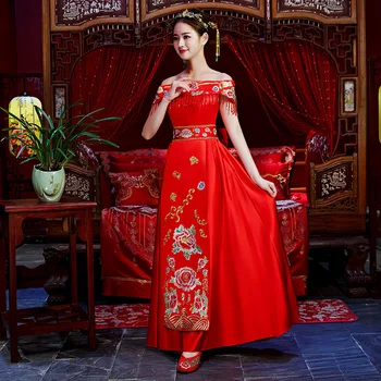 Rdeči Kitajski Poroko Neveste Cheongsam Tradicionalni Slog poročiti Večerno Obleko Vezenje Dolgo Qipao Ženska Oblačila Velikosti S - 3XL