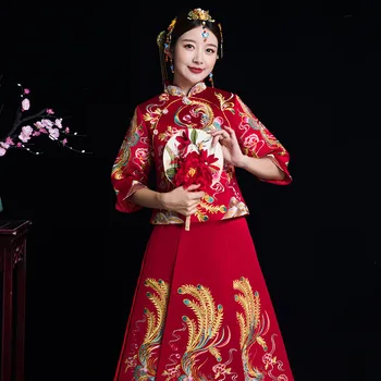 Ženske Letnik Rdeče Poročne Vezenje Cheongsam Moderni Orientalski Tradicionalni Kitajski Stil Poroka Oblačenja Qipao Vestidos