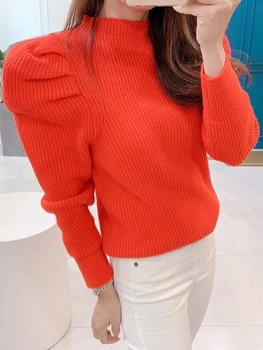 Pol-visok Ovratnik korejski Modni Ženski zgornji deli oblačil Pulover 2020 Pomlad korejski Puff Sleeve Solid Pleteni Puloverji zgornji deli oblacil Ženske