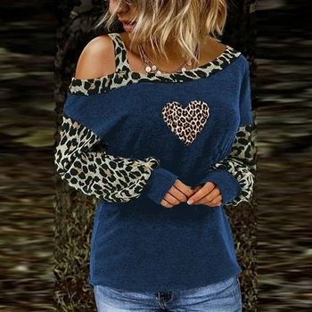 Ženske Dolg Rokav Jeseni Elegancija Novo Leopard Tiskanja Mozaik Off Ramo T Shirt Pomlad Vrh Tees Femme Dame Tshirt Oblačila