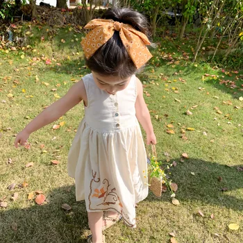 Poletje Nov Prihod v korejskem slogu bombaž brez rokavov vezenje princesa obleko z gumbi za cute sweet baby dekleta