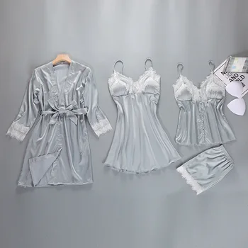 Ženske Pižame Natisnjeni Štiri-kos Obleko S Prsi Blazine Domov Oblačila Simulacije Svileni Tanek Oddelek Seksi Dame Poletje