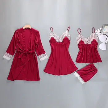 Ženske Pižame Natisnjeni Štiri-kos Obleko S Prsi Blazine Domov Oblačila Simulacije Svileni Tanek Oddelek Seksi Dame Poletje