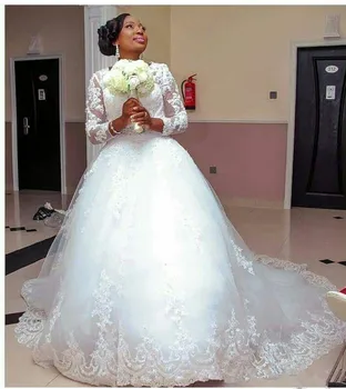 2021 Afriške Linijo Poročnih Oblek Letnik Čipke Aplicirano Beaded Plus Velikost Dolge Rokave Til Zabuhle Zamah Vlak poročnih oblek