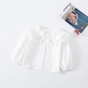Dekleta z Dolgimi Rokavi 2021 Pomlad Novo korejsko Čipke Ovratnik Shirt za Dekleta Otrok je Vse Ujemajo z Vrhovi Bombaž Dekle Bele Bluze