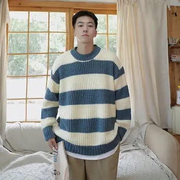 Pozimi Prugasta Pulover Moške Topli Mode Priložnostne O-neck Knitted Puloverju Moških Divje Svoboden korejski Pletenje Puloverji Mens Oblačila