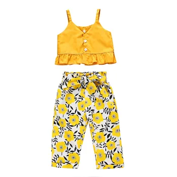 Za malčke Baby Fant Dekle Sončnično Tiskanje Traku Telovnik Vrhovi+hlače, Obleke Komplet Oblačil #GM