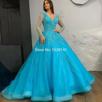 2020 Najnovejši Modra Dekleta Večerne Obleke Dolgo Beading Seksi Večerne Arabski Formalno Prom Obleke, Poroka Stranka Obleke Oblikovalec
