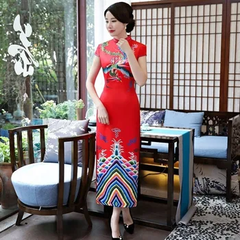Sheng Coco 4XL Plus Velikost Rdeče Kitajske Obleke Ženska Qipao Dolgo Cheongsam Kitajska Vintage Obleko Saten Phoenix Vzorec Seksi Oblačila