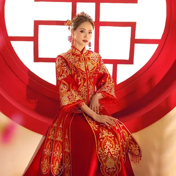 Rdeča Poročno obleko tradicionalni kitajski Qipao narodna Noša Ženska v Tujini Novo Kitajskem Slogu Nevesta Vezenje Cheongsam S-XXXL