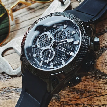 MEGIR Luksuzne ročne Ure Moške Visoko Kakovostnega Silikona Kvarčne Ročne ure Moške Top blagovne Znamke Vojaške Kronograf Watch Relogios Masculino