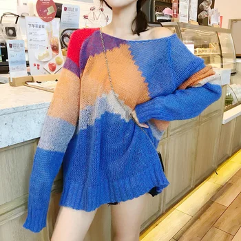 Jeseni svoboden oversize korejski ženska oblačila, pleteni vrhovi modnih znamk Ženski puloverji tanke mozaik dolgimi Puloverji nova