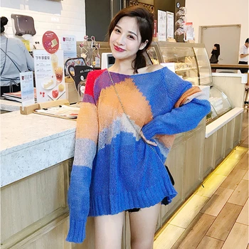 Jeseni svoboden oversize korejski ženska oblačila, pleteni vrhovi modnih znamk Ženski puloverji tanke mozaik dolgimi Puloverji nova