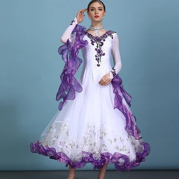 2018 nove cvjetnim natisne Okrasnih Žensk ballroom ples konkurence obleke z Dolgimi rokavi Fazi Valček Sodobne plesne Kostume