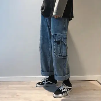 Jeans, Moda za Moške Oprati Retro Naravnost Človek Ulične Svoboden Hip Hop Multi-žep Traper Hlače Moški Svoboden Traper hlače w1607