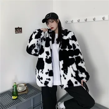 Novi korejski slog svoboden stand-up ovratnik krava vzorec jeseni dolgo sleeved bombaž plašč ženske