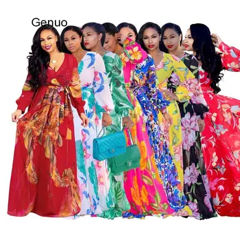 Šifon Dolg Rokav Maxi Obleko Afriške Ženske Oblačila Dashiki Moda Materiala za Tiskanje Bohemian Obleke 5XL Plus Velikost Plaža Obleko