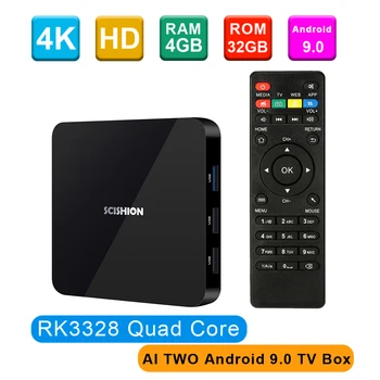 SCISHION AI DVE Android 9.0 Smart TV Box 4GB+32GB RK3328 Quad-core 4K H. 265 2.4 G Wi-Fi BT4.0 HD Media Player LED Zaslon