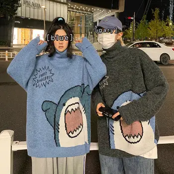 Moški Pulover Harajuku Shark Hip Hop Ulične Moških Oblači Spandex Puloverju Turtleneck Oversize Moda Priložnostne Nekaj Moški Pulover
