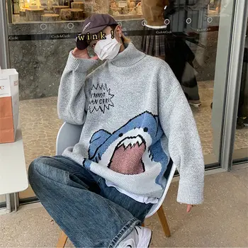 Moški Pulover Harajuku Shark Hip Hop Ulične Moških Oblači Spandex Puloverju Turtleneck Oversize Moda Priložnostne Nekaj Moški Pulover