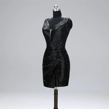 Seksi Globoko V-Neck Kratek Prom Obleke 2019 Mini Black Sequined Formalno Stranko Obleko Večernih Oblek
