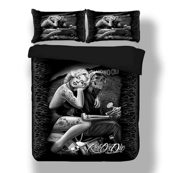 Seksi Marilyn Monroe Posteljnina določa 3D Lobanje Motocikel Rjuhe Kritje prevleke 3pcs Twin kraljica kralj velikost Black bedclothes