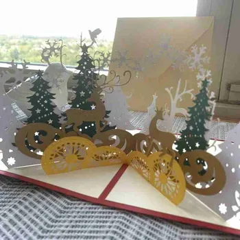 Božič 3d voščilnico Xmas Tree Ročno izdelan Papir Počitnice Tabela Sim Kiparstvo Stranka Navidad Blagoslov Elk Dekoracijo Doma L9F4